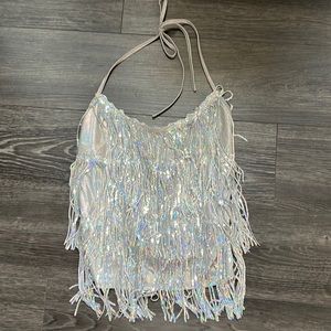 Brand New Silver Fringe Backless Halter